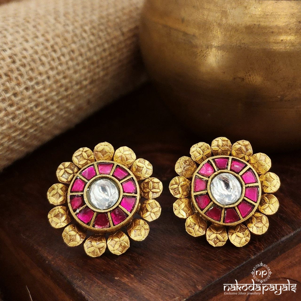 Pink Floral Kundan Studs (Ge9672)