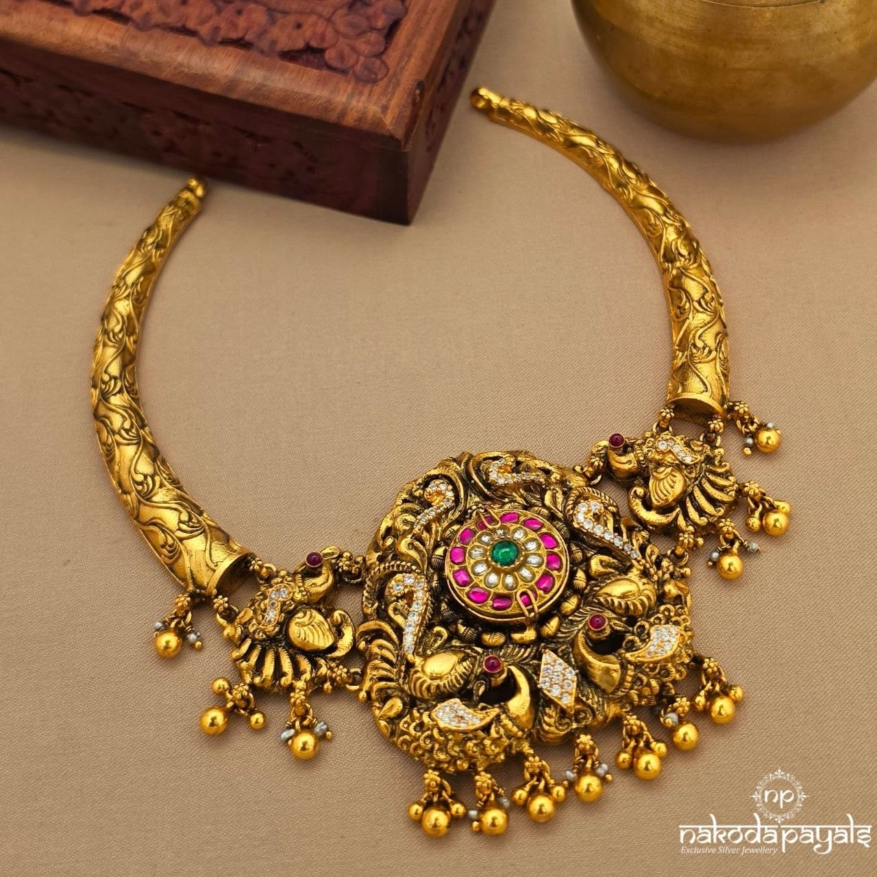 Twin Peacock Ball Drops Neckpiece (Gn10430)