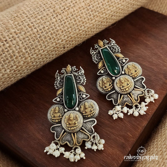 Green Coined Pearl Drops Dual Tone Earrings (Dt1382)