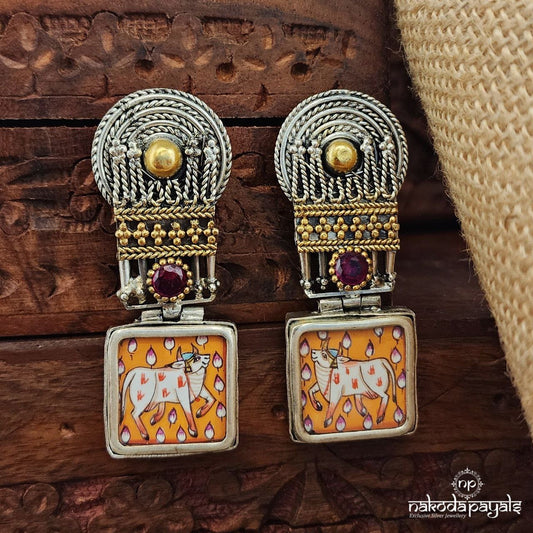 Elegant Square Drop Hand Painted Dual Tone Earrings (Dt1359)