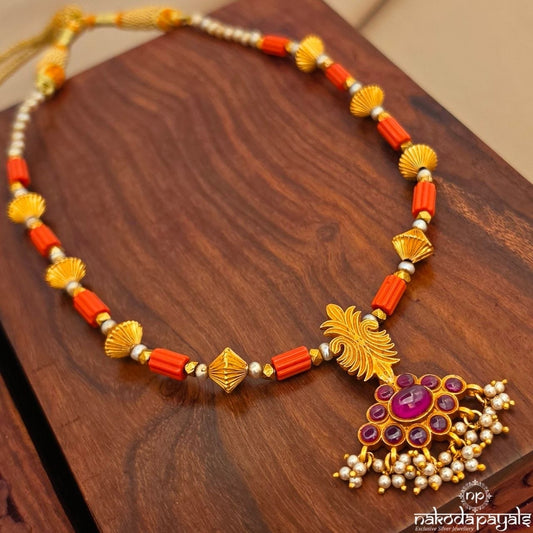 Coral Floral Drop Neckpiece (Gn10484)