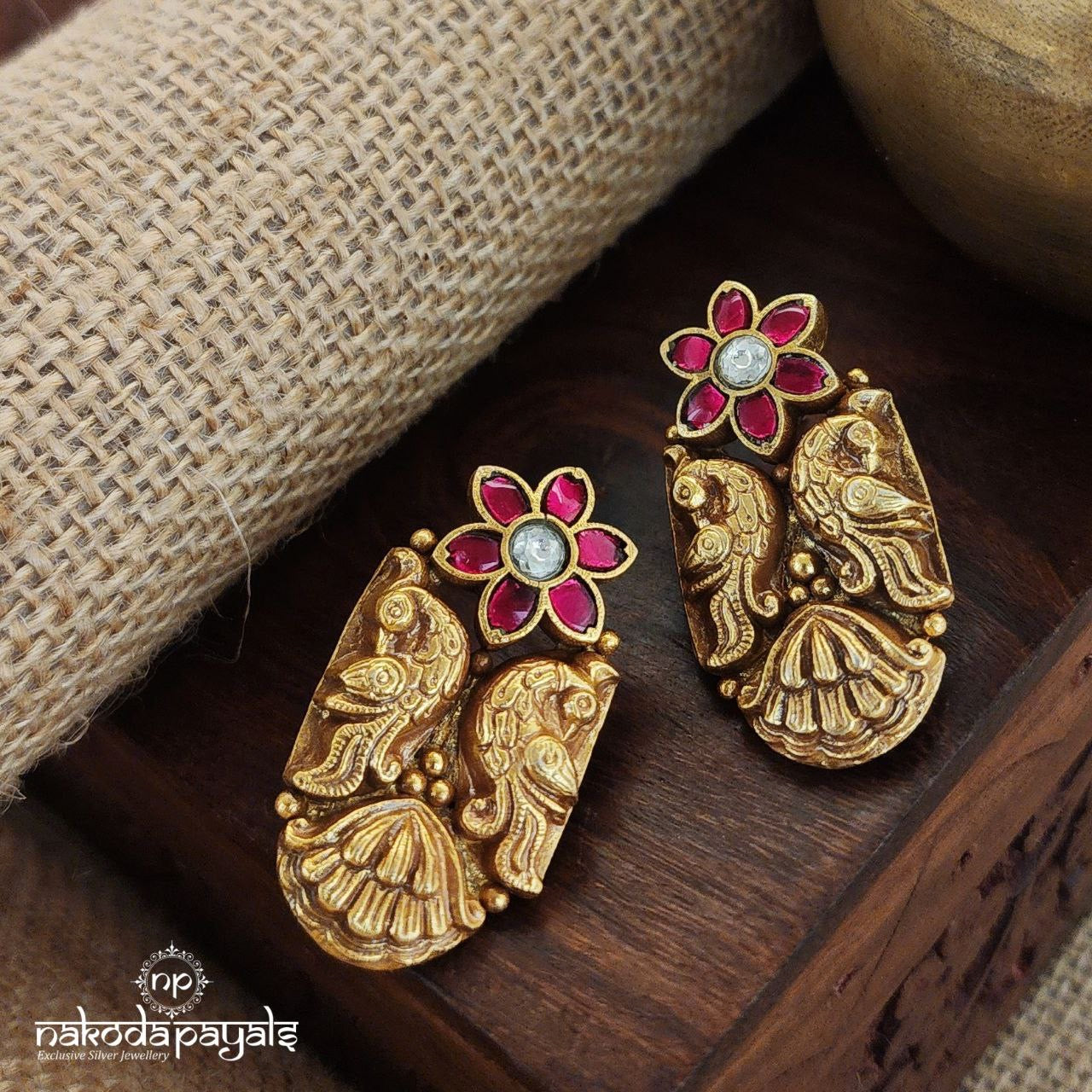 Pink Floral Peacock Kundan Earrings (Ge8542)