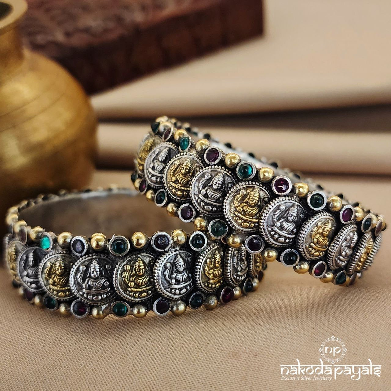 Multicoloured Lakshmi Coin Dual Tone Bangle Pair 2.4 (K5038)