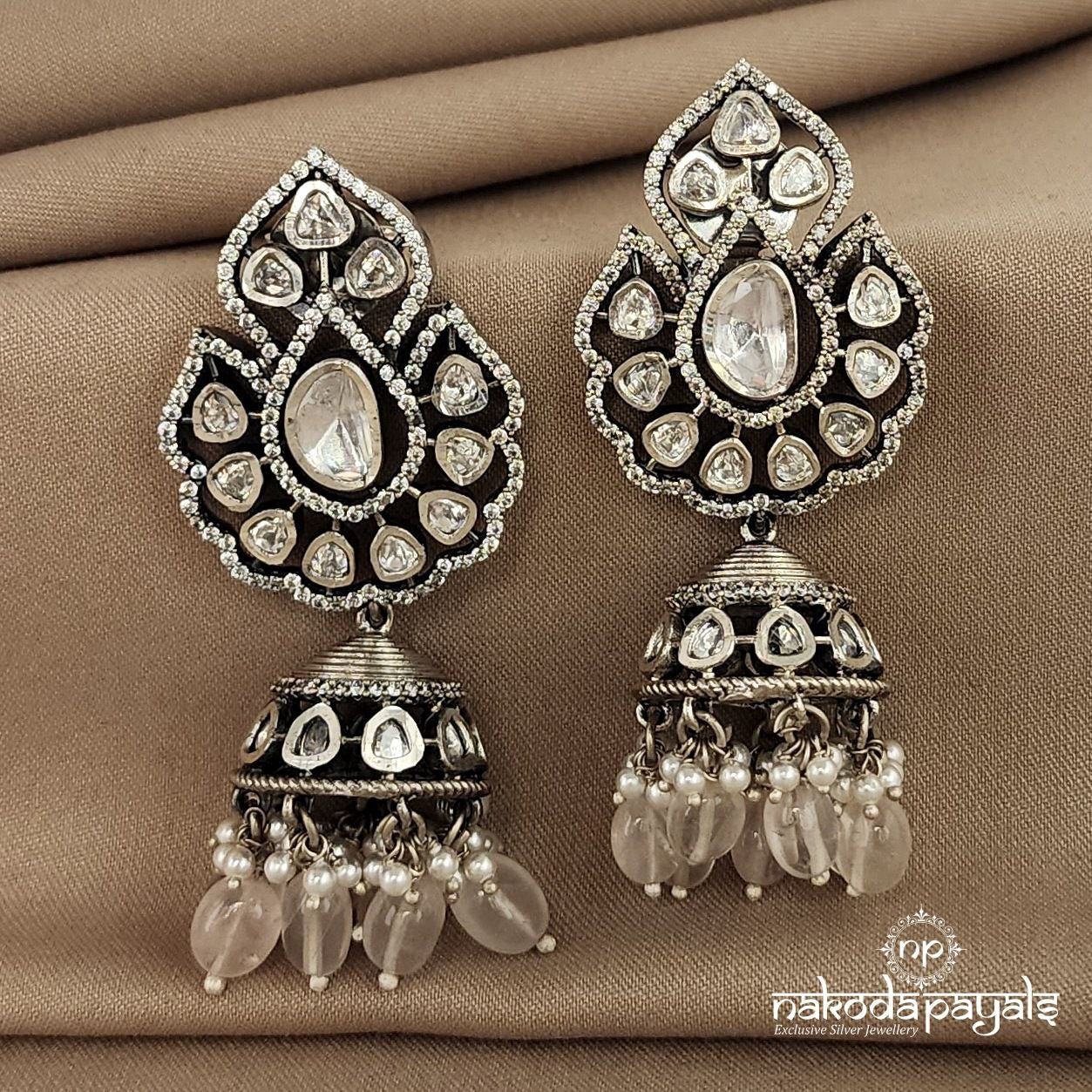 Bold Cz Jhumka With Rose Quartz Drops (j4874)