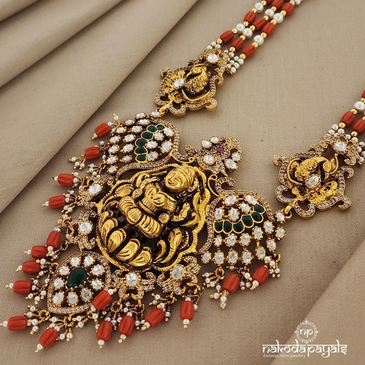 Bewitching Coral Lakshmi Moissanite Neckpiece (GN6332)