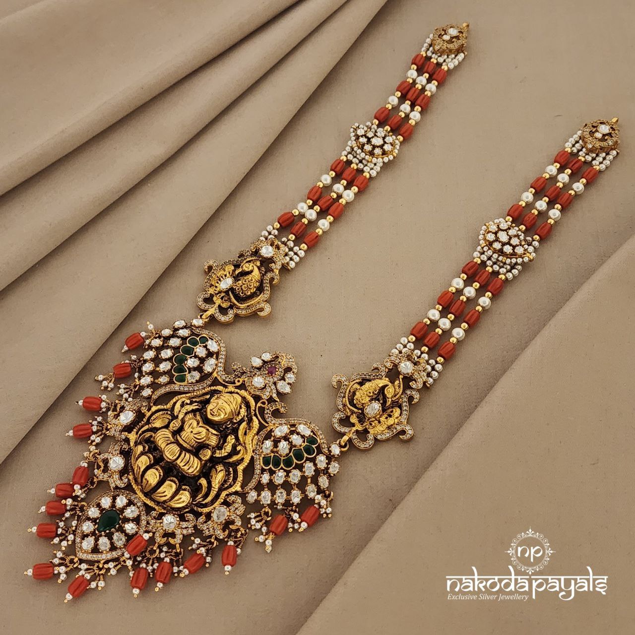 Bewitching Coral Lakshmi Moissanite Neckpiece (GN6332)