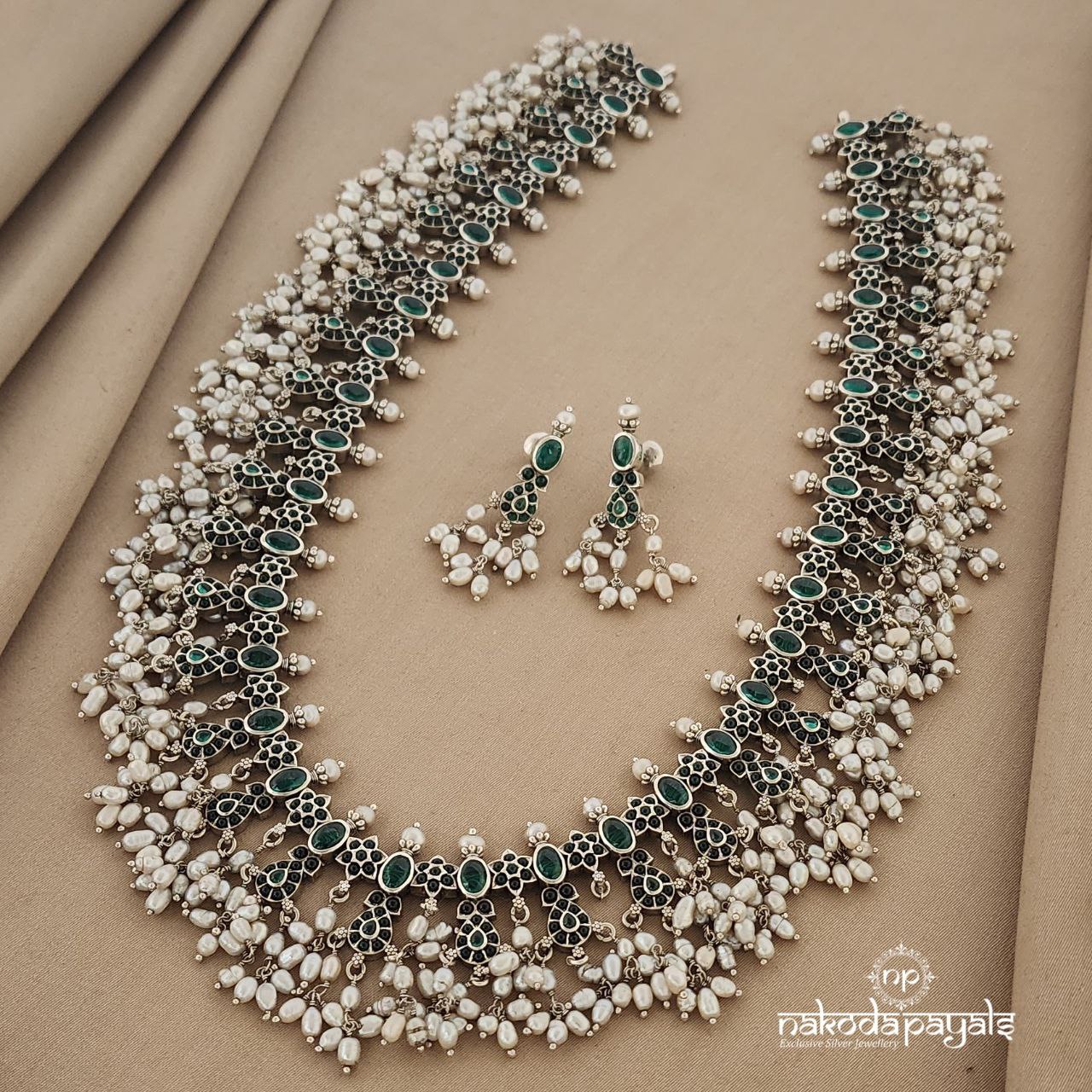 Inordinately Pearled Green Guttapusalu With Earrings  (N8735)