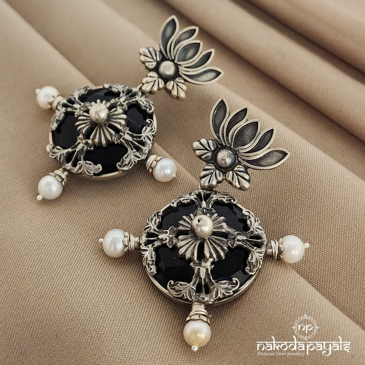 Oxidised Lotus Chandbali (C7438)