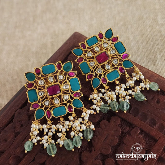 Squarish Kundan Turquoise Studs (GE6428)