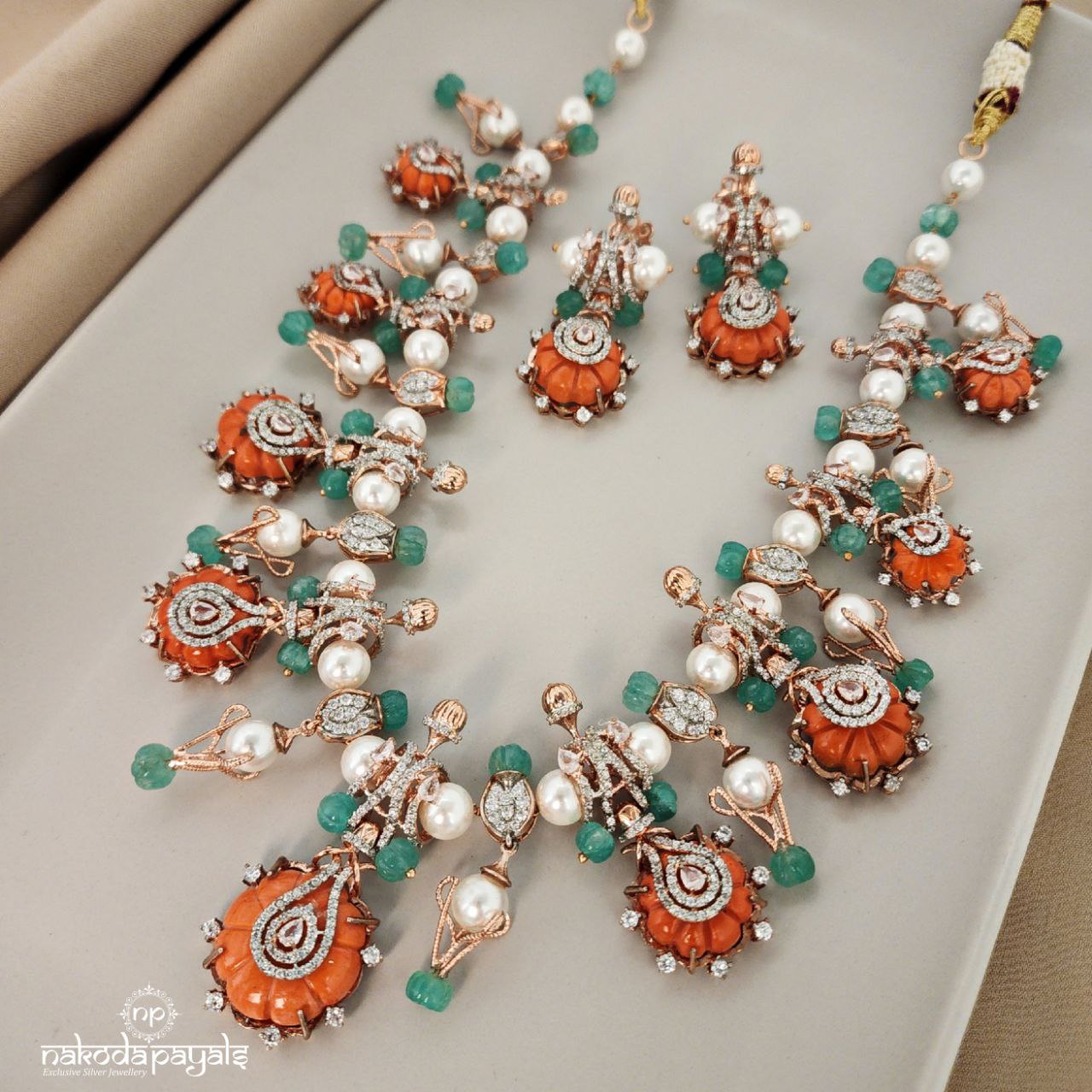 Coral-Pearl Rose Gold Neckpiece With Earrings(GN6518)