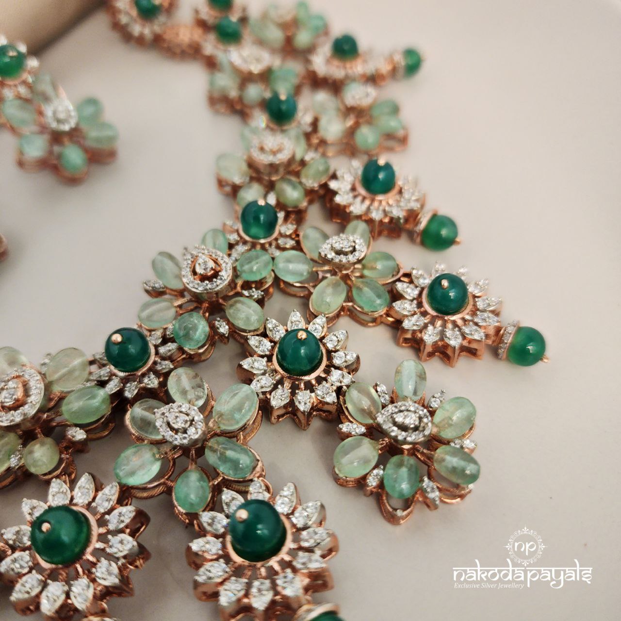 Sea Green Floral Roae Gold Neckpiece With Earrings(GN6519)