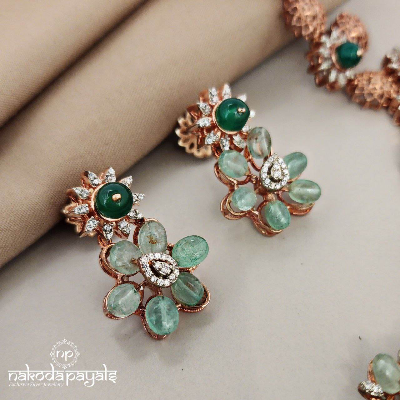 Sea Green Floral Roae Gold Neckpiece With Earrings(GN6519)