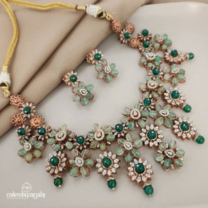 Sea Green Floral Roae Gold Neckpiece With Earrings(GN6519)