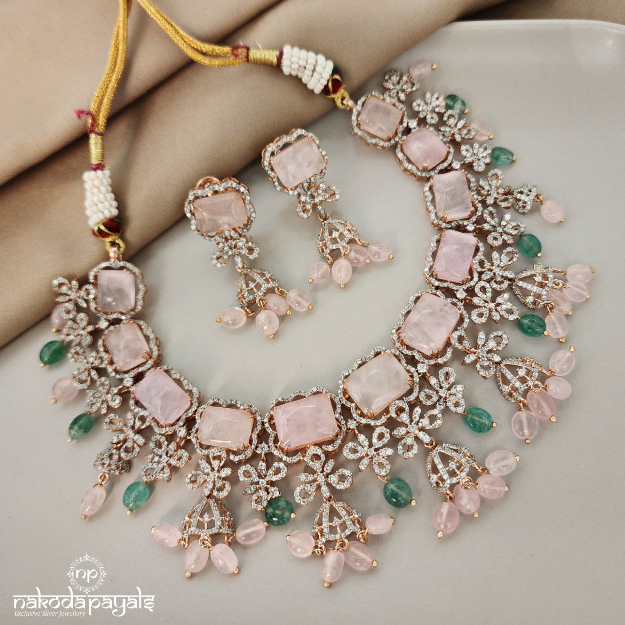 Rosy Roae Quartz Sequence Neckpiece With Earrings(GN6521)