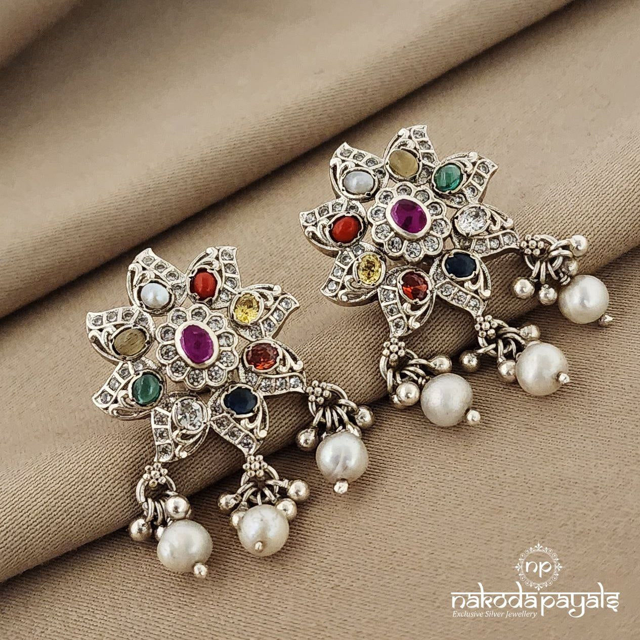 Floral Charm Navarathna Silver Earrings (S8766)