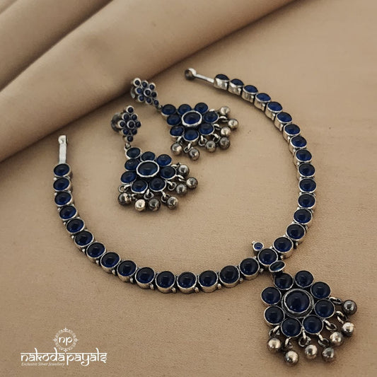 Blueish Floral Short Neckpiece with Earrings (N9203)