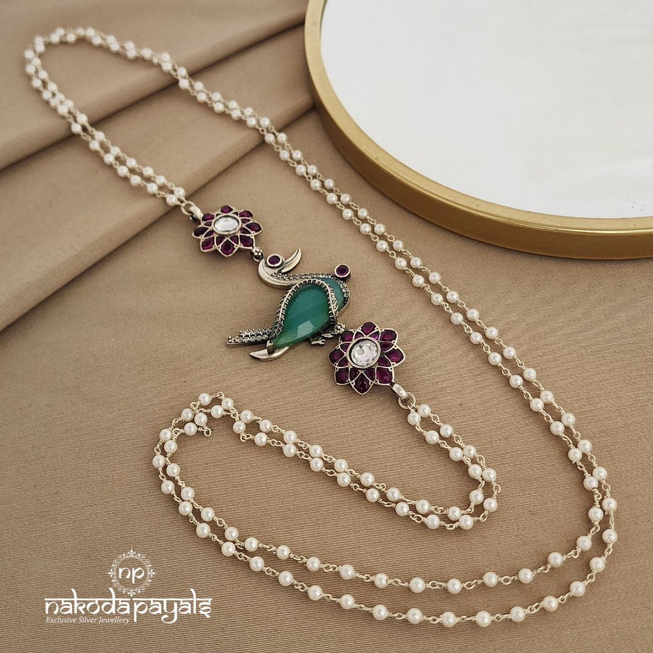 Green Onyx Swan Pearled Mope Mala (N9224)