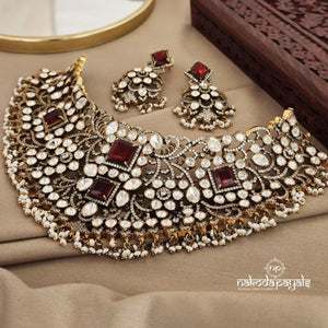 Gorgeous Redish Moissanite Short Neckpiece with Earrings (Gn1044)