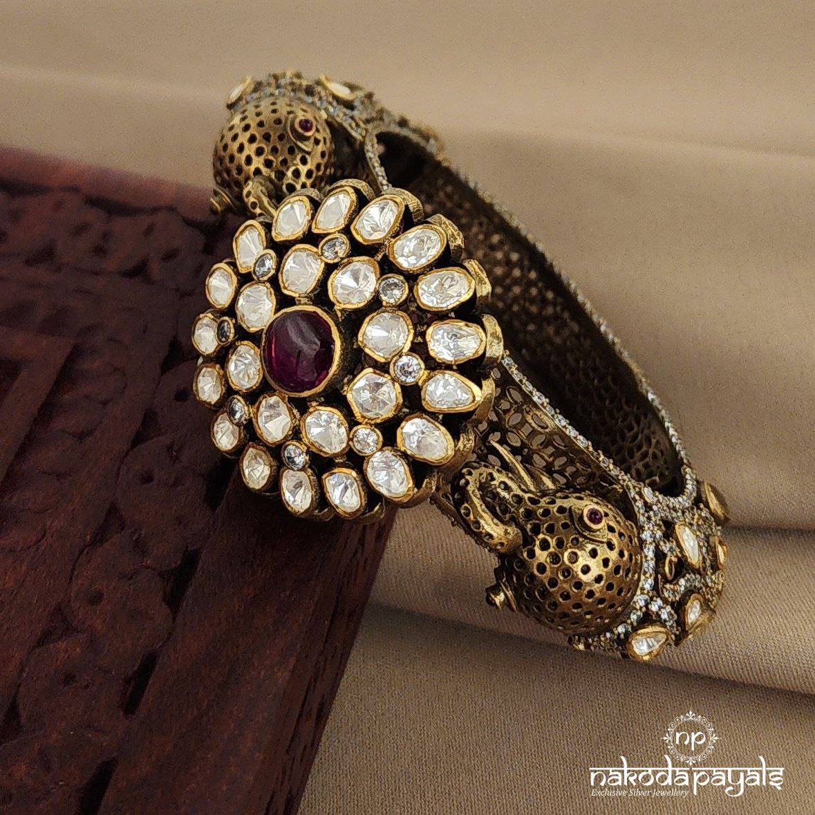 Elephant with Moissanite Floral Openable Screw Kada Single (2.4) (Gk2500)