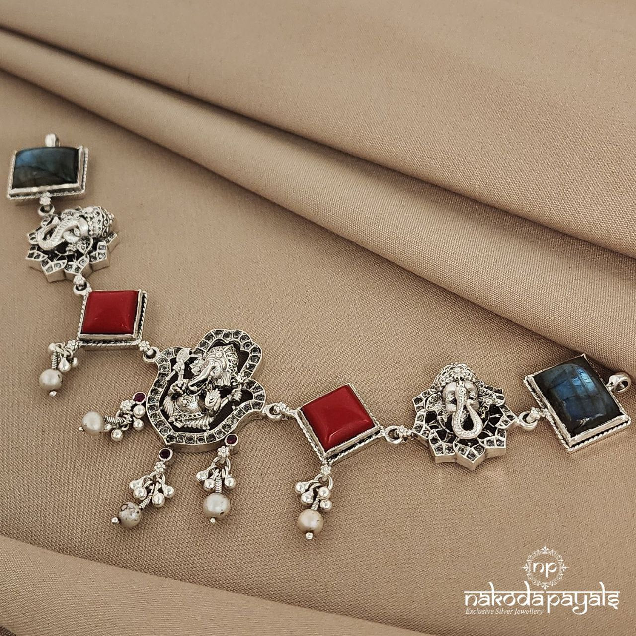 Ganesha with Coral and Labradorite Choker (N9290)