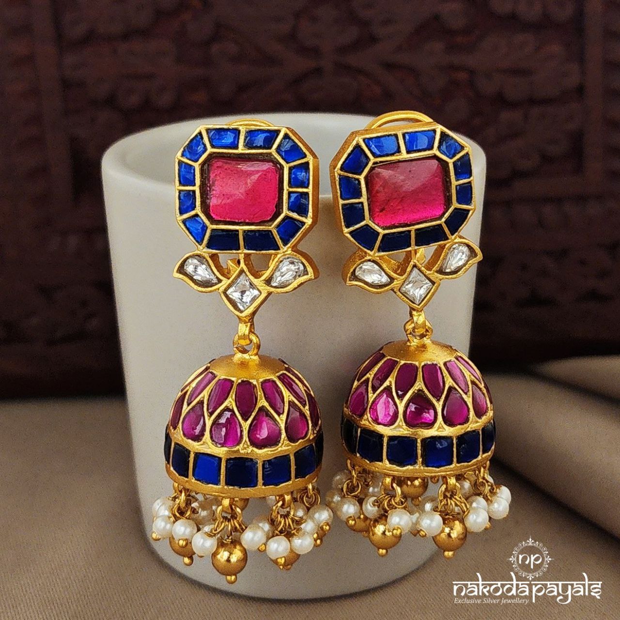 Gorgeous Blue Pink Mix Kundan Jhumka (Ge7317)