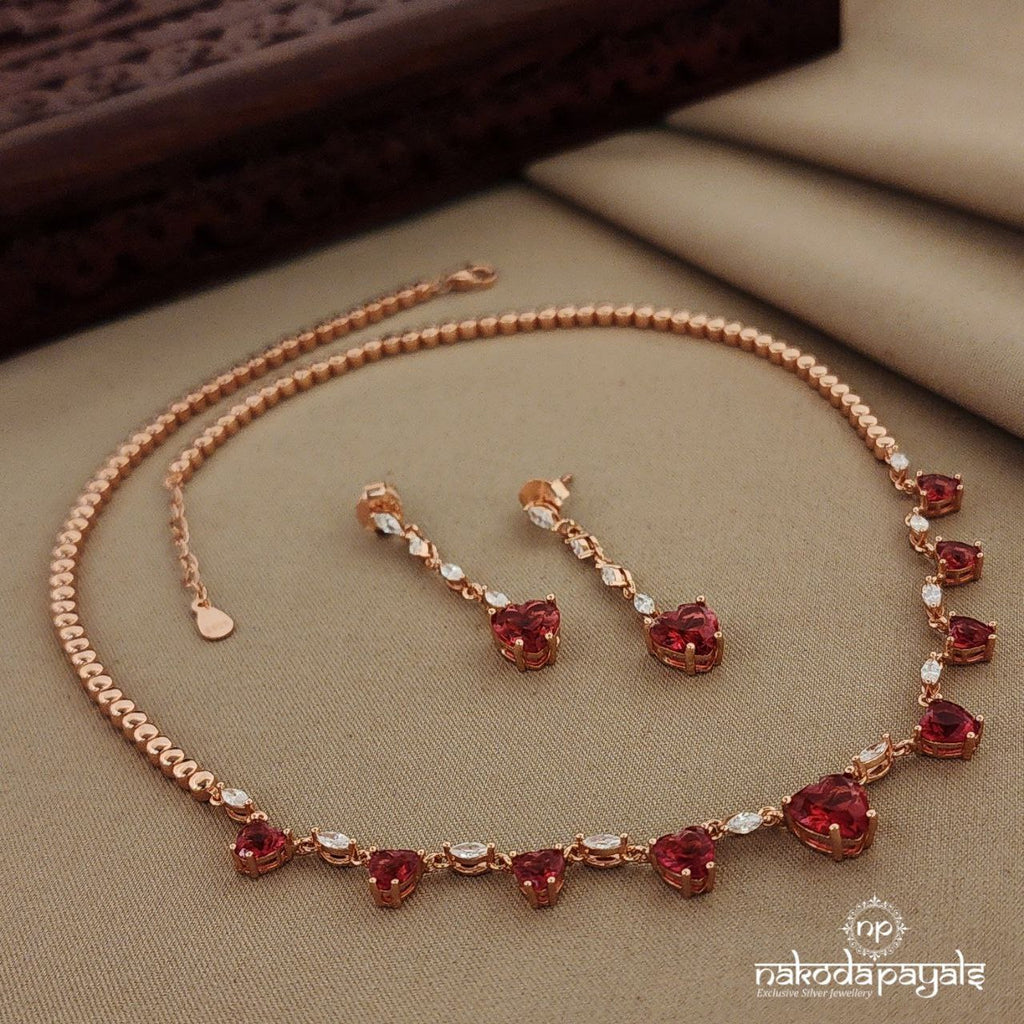 Red Heart  Rosegold Neckpiece with Earrings (St2345)