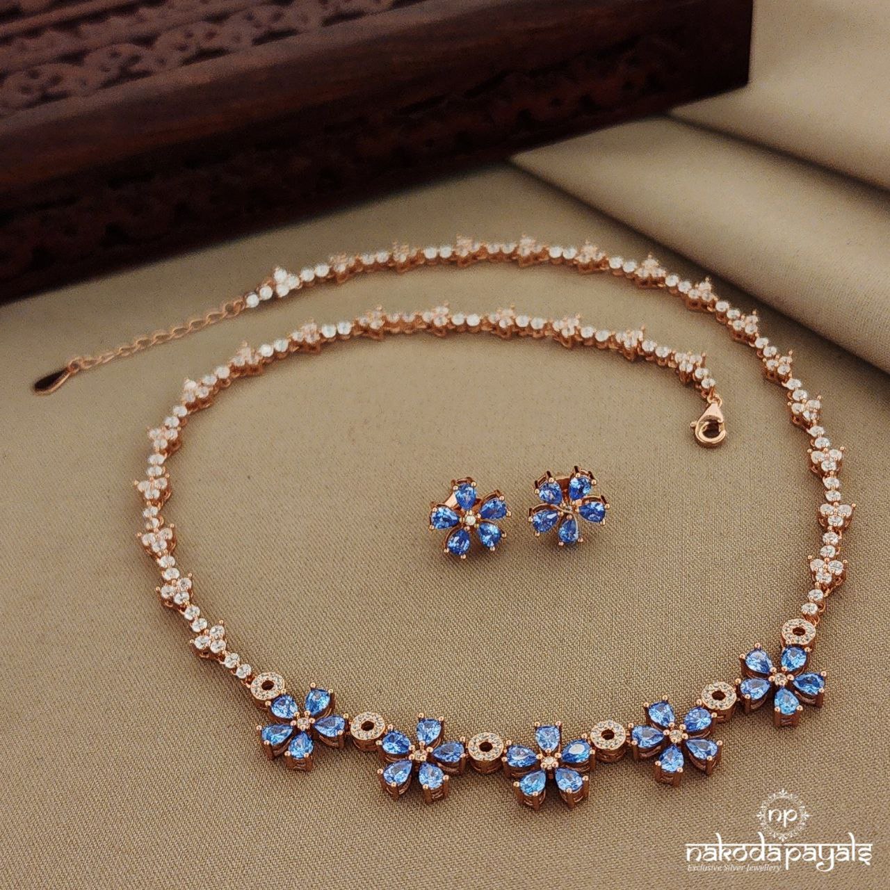 Blue Floral Rosegold Short Neckpiece with Earrings (St2344)