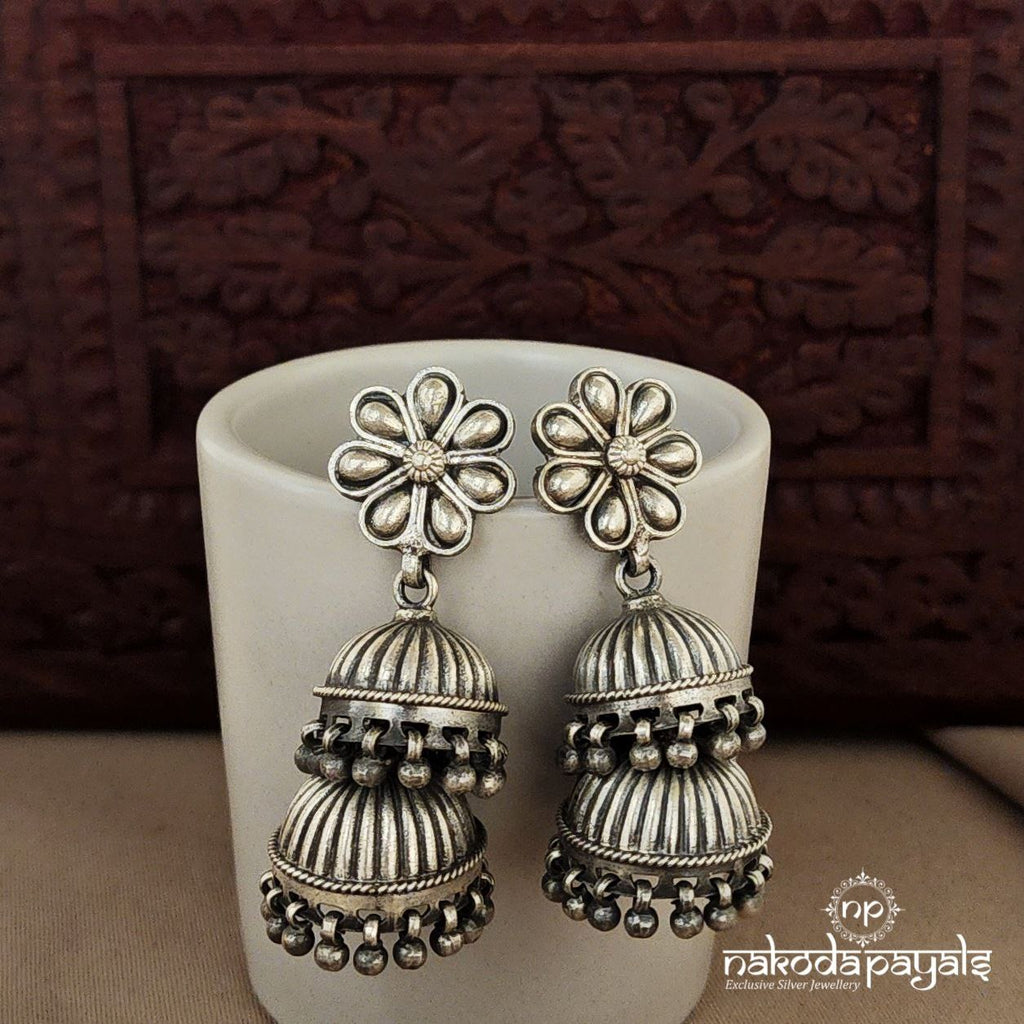 Flower with Double Layered Oxidised Jhumka (J5393)