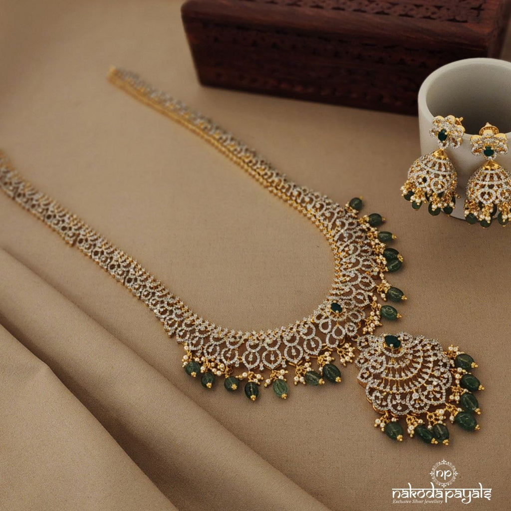 Greeny Shimmering Long Neckpiece with Earrings (Gn1121)