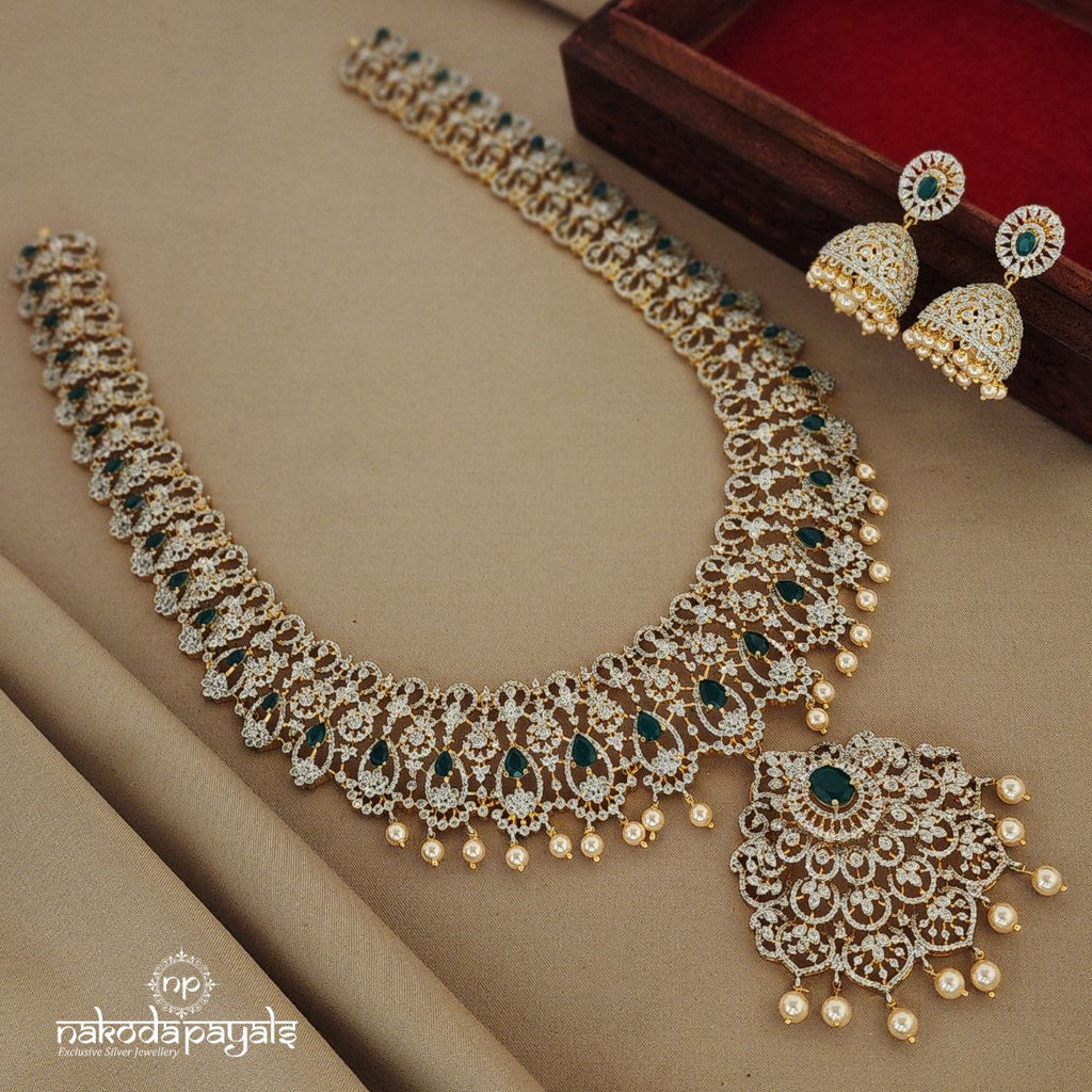 Emerald Gorgeous Shimmering Long Neckpiece with Earrings (Gn1122)