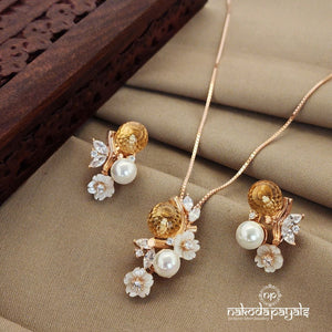 Yellow MOP Floral Neckpiece with Earrings (St2382)