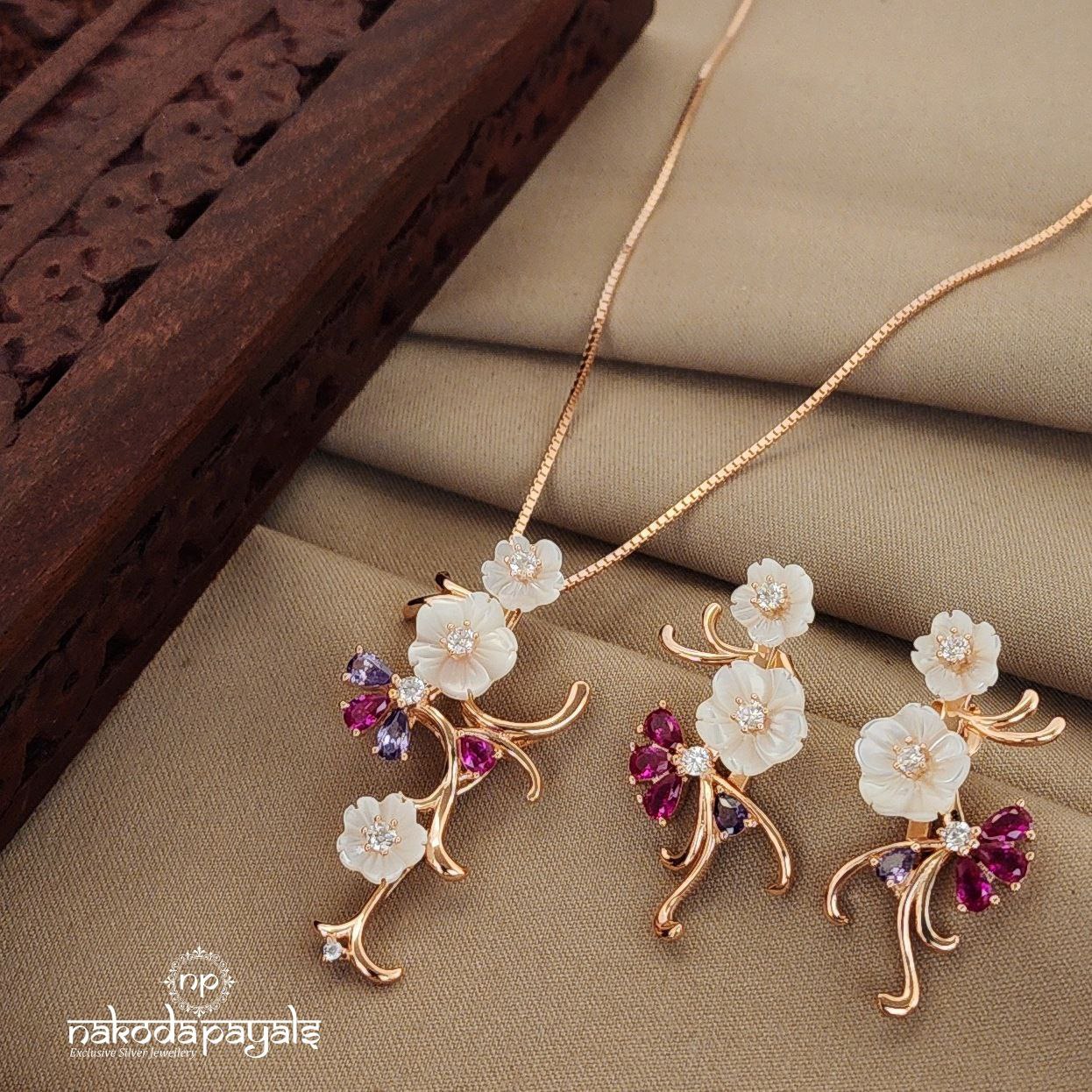 Gorgeous Floral Rose gold Mop Neckpiece with Earrings (St2372)