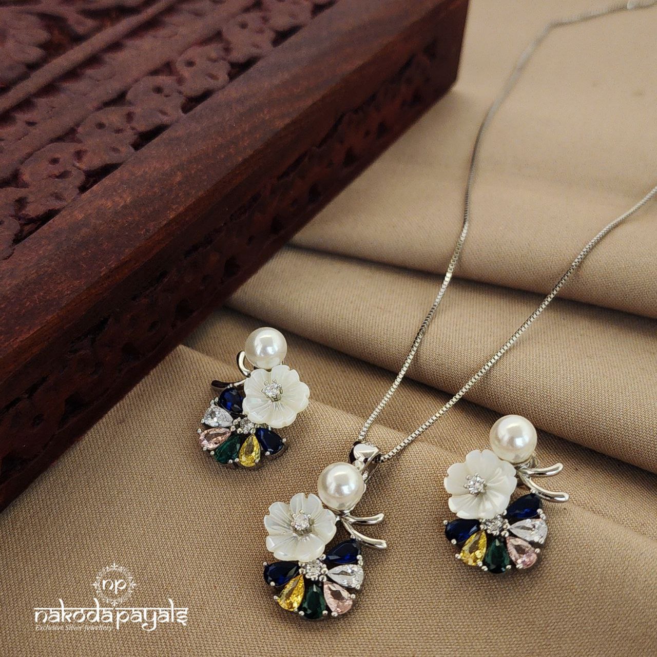 Floral Multicolored CZ Mop Neckpiece with earrings (St2367)