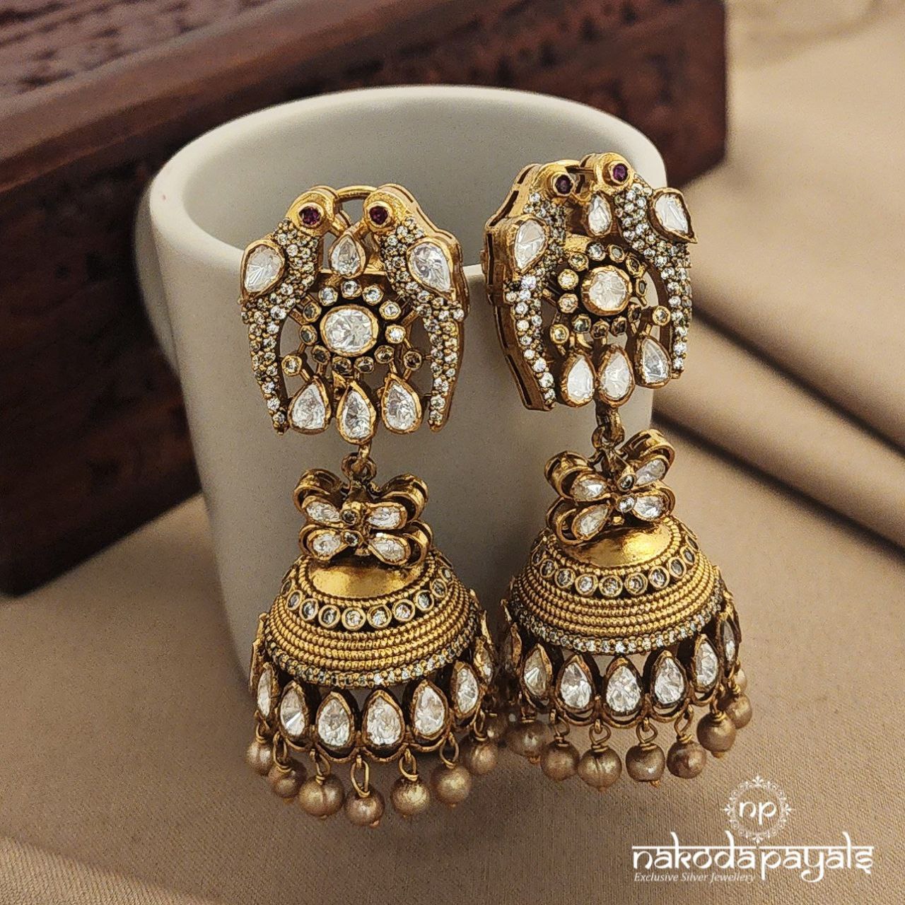 Paired Parrot Moissanite Jhumka (Ge7386)