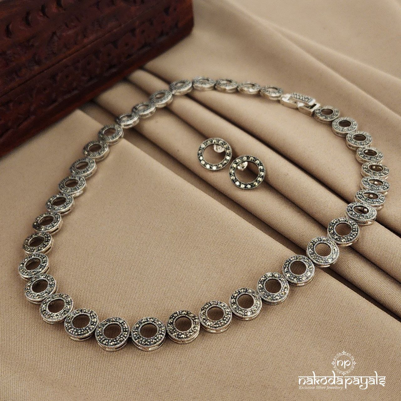 Circular Marcasite Short Neckpiece with Earrings (N9347)