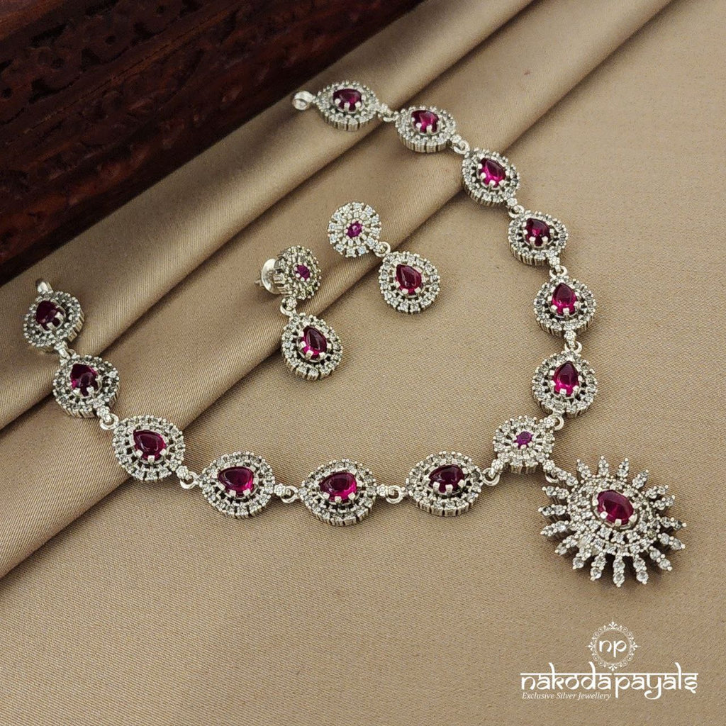 Pinkish Floral Short Neckpiece with Earrings (N9406)