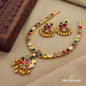 Navaratna Short Neckpiece with earrings (Gn1218)