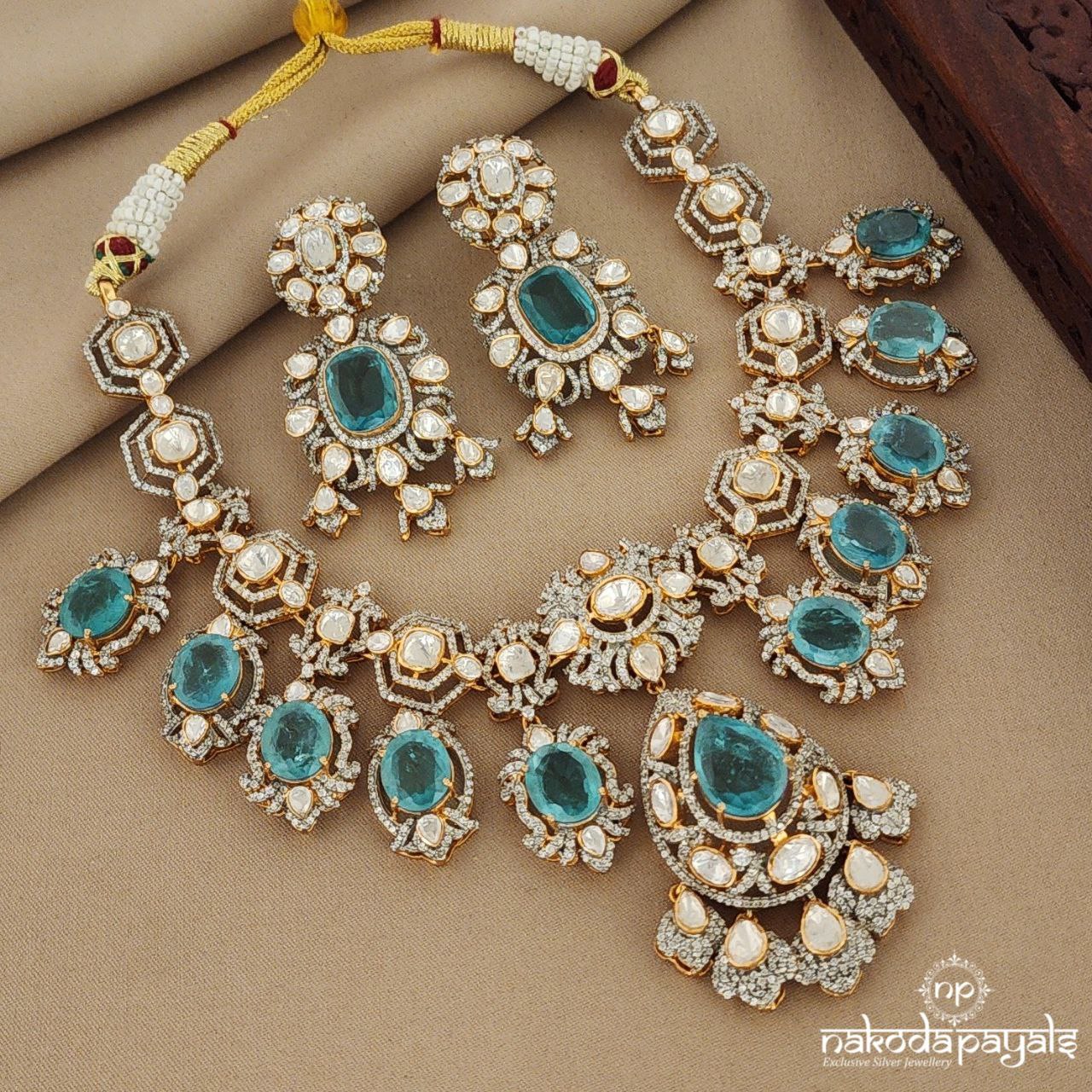 Greeny Moissanite Short Neckpiece with Earrings (Gn1267)