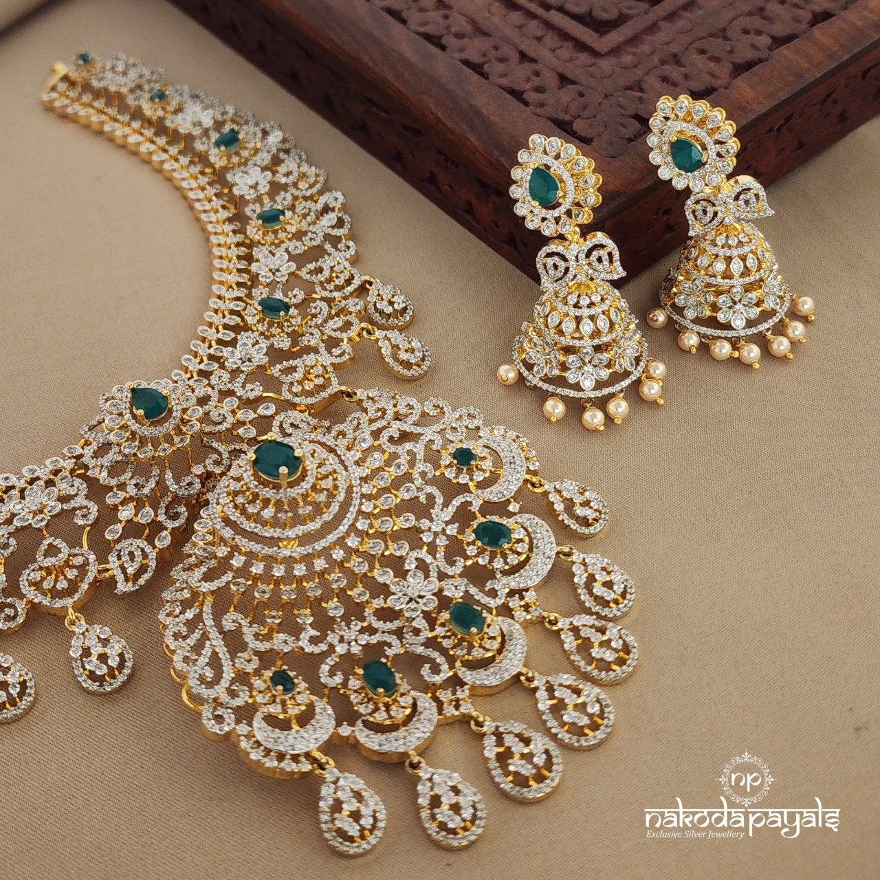 Greeny Shimmering Short Neckpiece with Earrings (Gn1268)