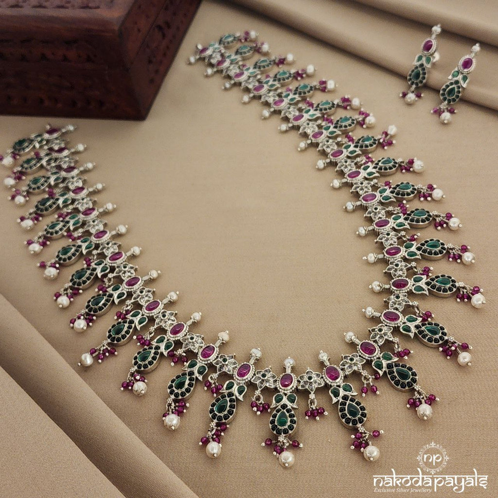 Greeny Drop with Floral Long Neckpiece with Earrings (N9484)