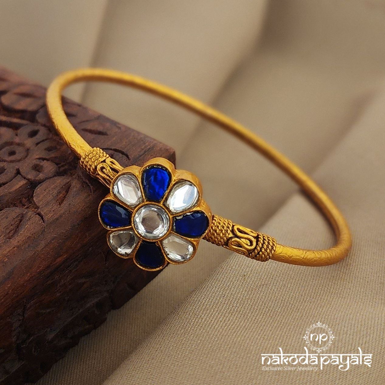 White with Blue Kundan Floral Openable Kada single (Gk2554)