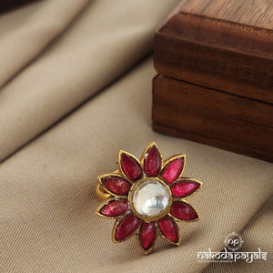 Pink Kundan Floral Adjustable Finger Ring (F2350)