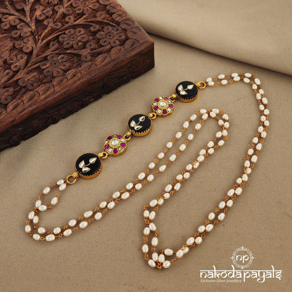 Black Onyx with Kundan Floral Mope Mala (Gn7138)