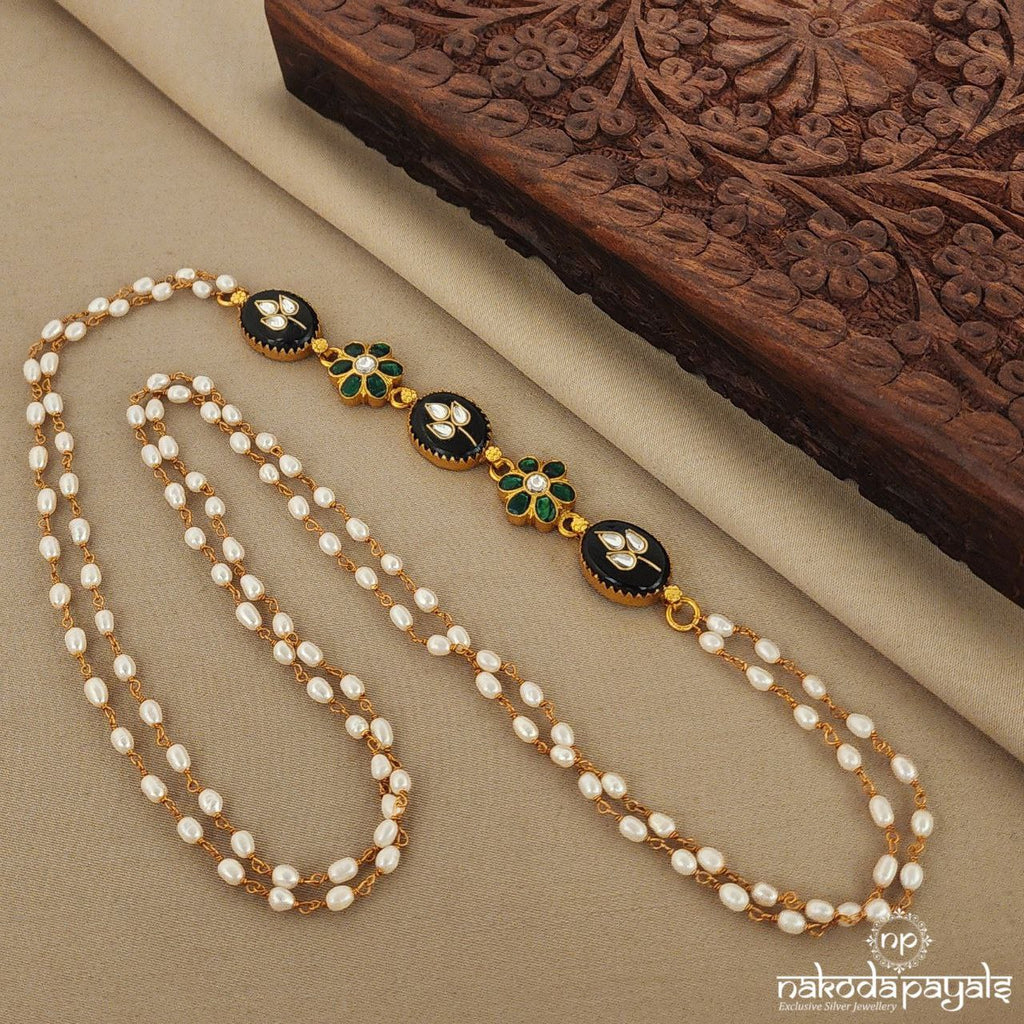 Black Onyx with Green Floral Mope Mala (Gn7144)