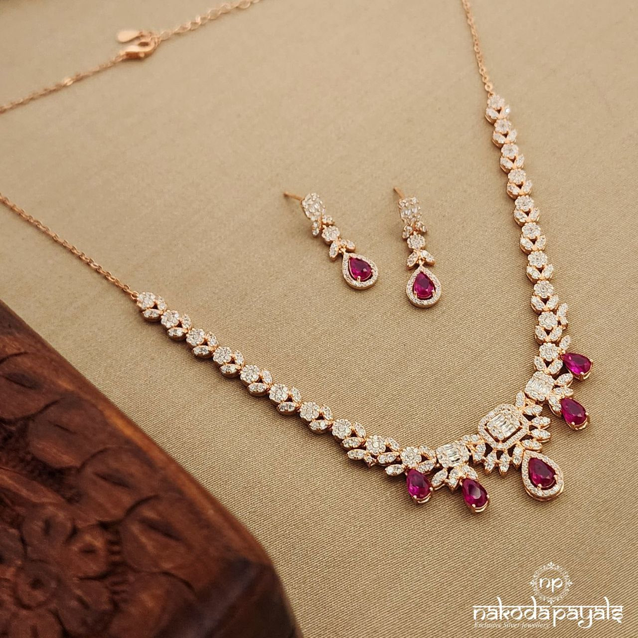 Pink Drop Rosegold Long Neckpiece with Earring (St2562)