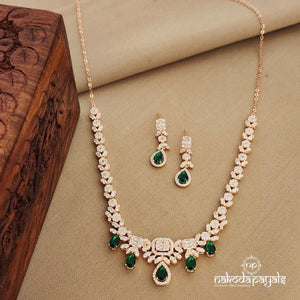 Drop Green Rosegold Long Neckpiece with Earring (St2561)