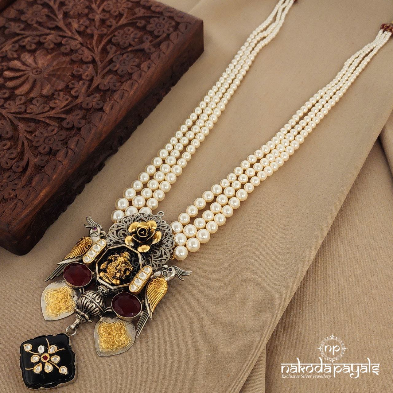 Ganesha with Black Onyx Dual Tone Pearl Long Neckpiece (N9615)