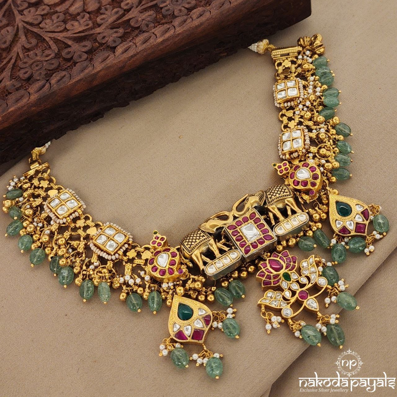 Elephant with Kundan Lotus Dual Tone Short Neckpiece (Gn7341)