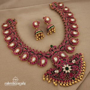 Pink Mango with Peacock Kundan Long Neckpiece with Earring (Gn7345)