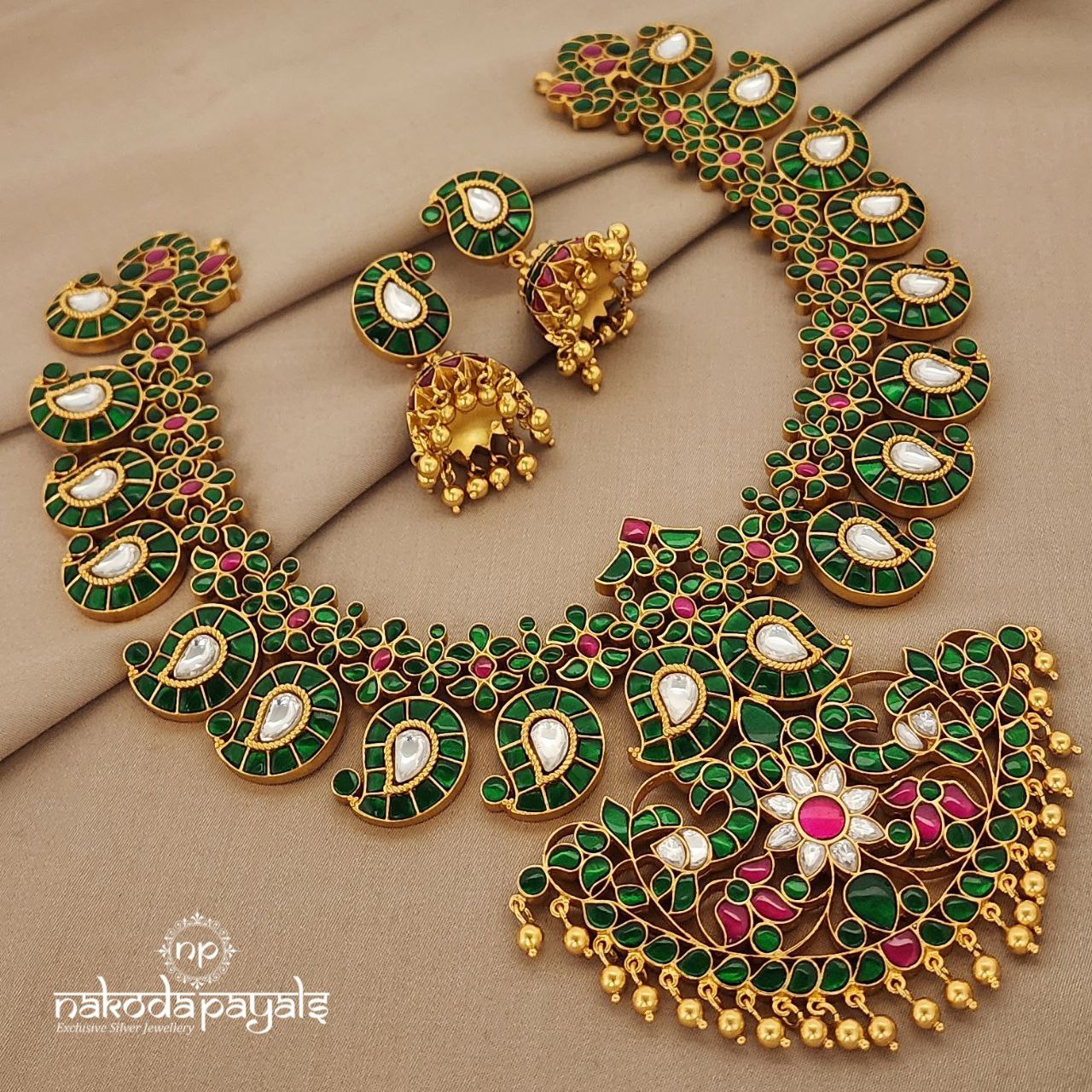 Green Mango with Peacock Long Neckpiece with Earring (Gn7346)